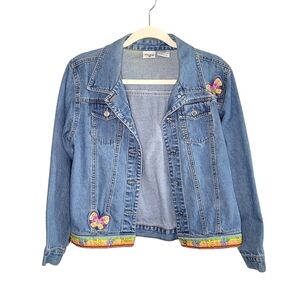 Ponytails Girls Button-Up Denim Jacket Butterfly Rainbow Embroidered Size 14/16